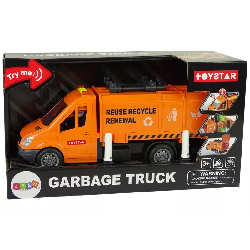 LEAN TOYS Camión de basura con propulsión por fricción y efectos de sonido naranja