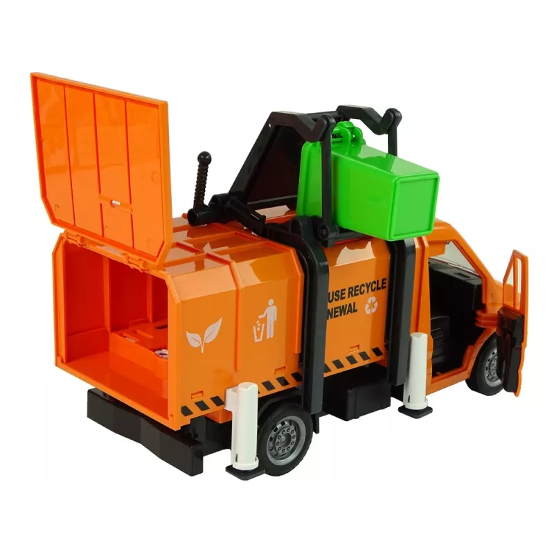 LEAN TOYS Camión de basura con propulsión por fricción y efectos de sonido naranja