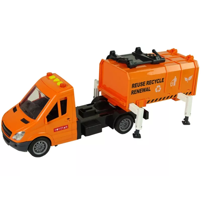 LEAN TOYS Camión de basura con propulsión por fricción y efectos de sonido naranja