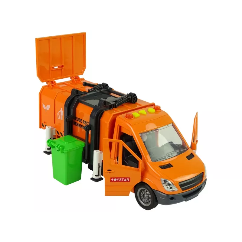 LEAN TOYS Camión de basura con propulsión por fricción y efectos de sonido naranja