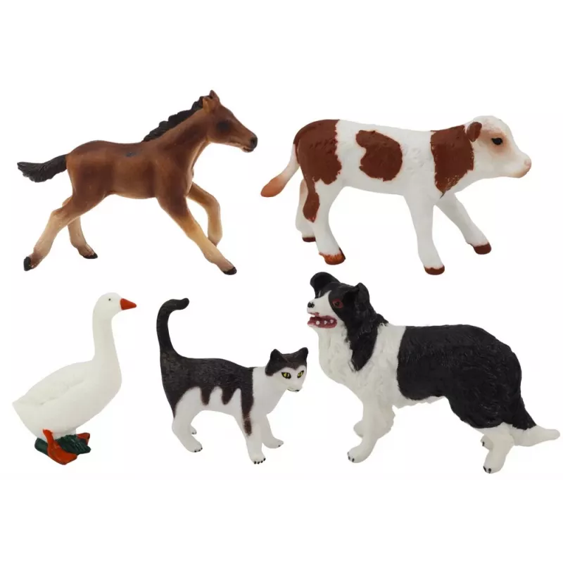 LEAN TOYS Set de figuras animales de granja 5 piezas caballo vaca gato oca perro