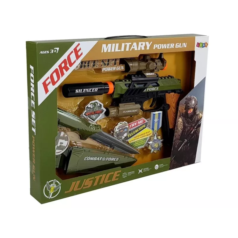 LEAN TOYS Set pistola militar rifle cuchillo medalla mira telescópica