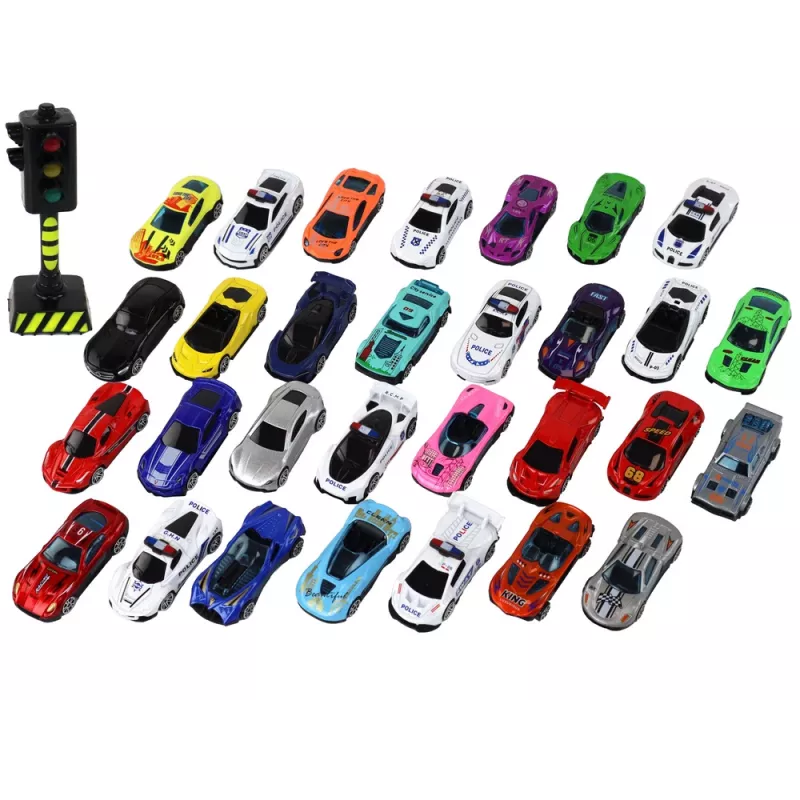 LEAN TOYS Set de coches de resorte de aluminio en caja 30 piezas Coches deportivos de policía
