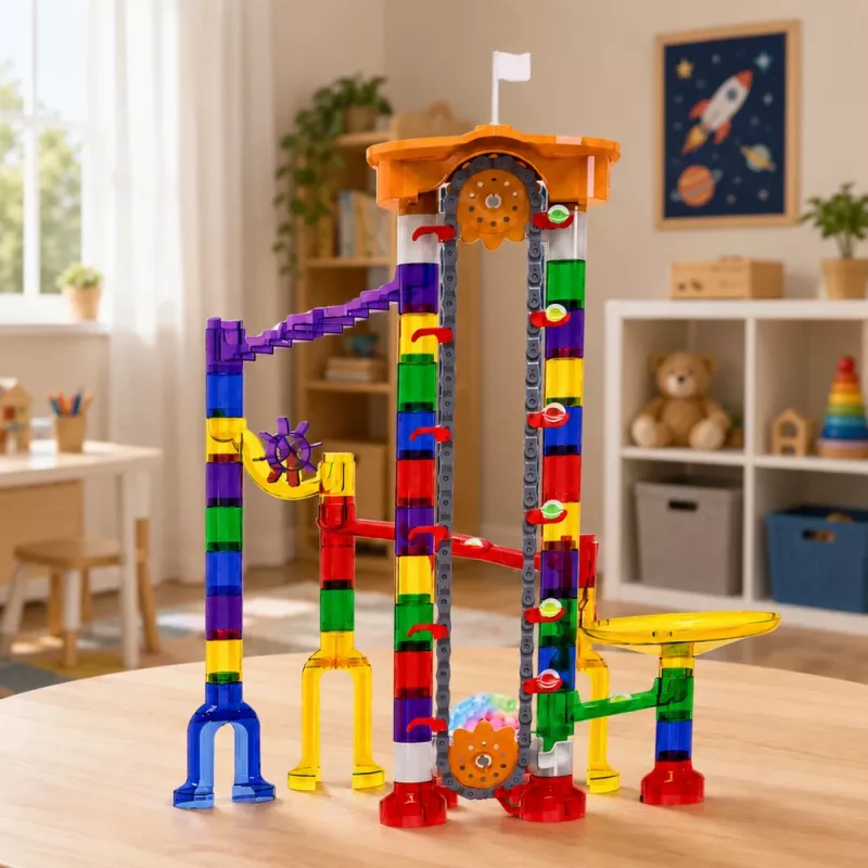 LEAN TOYS Bloques de construcción Space Track 153 piezas - Set 3D de pista de canicas a color con túneles y bolas
