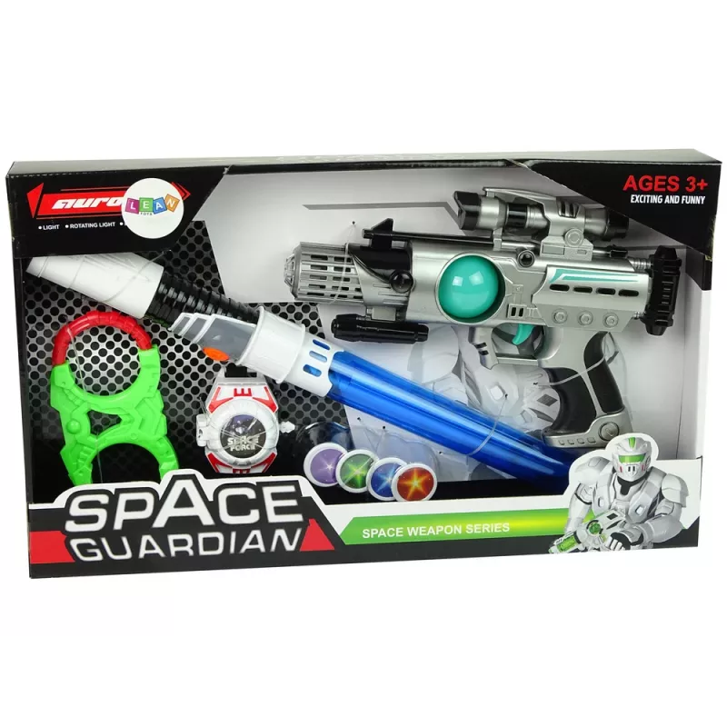 LEAN TOYS Set Space Warrior pistola láser sable de luz esposas lanzadiscos
