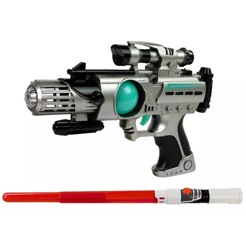 LEAN TOYS Set Space Warrior pistola láser sable de luz esposas lanzadiscos