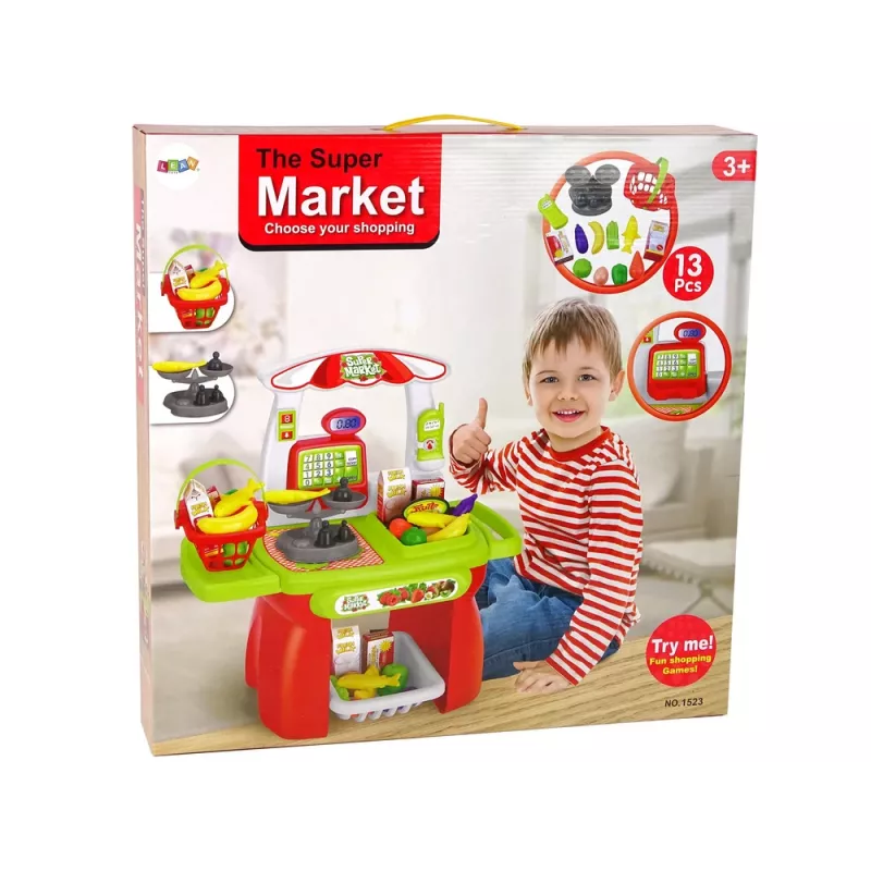 LEAN TOYS Set de supermercado con cesta de la compra, balanza y alimentos