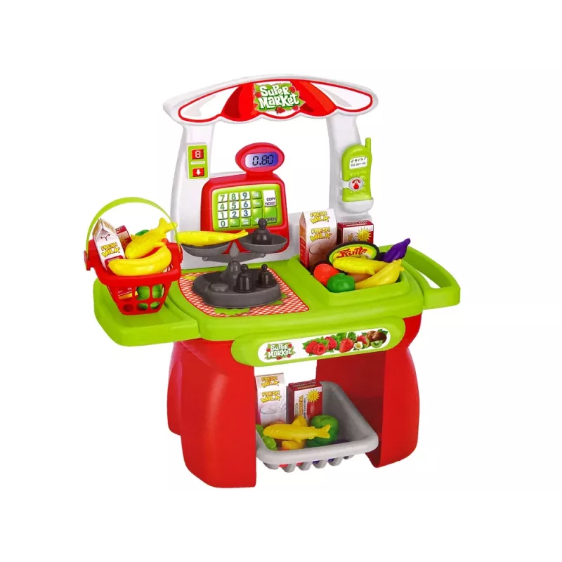 LEAN TOYS Set de supermercado con cesta de la compra, balanza y alimentos