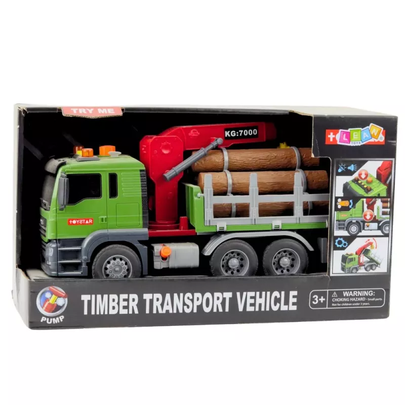 LEAN TOYS Camión de transporte de madera con grúa, troncos, luces y sonidos – Juguete vehículo de construcción