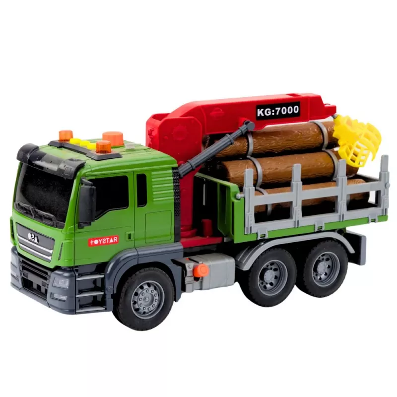 LEAN TOYS Camión de transporte de madera con grúa, troncos, luces y sonidos – Juguete vehículo de construcción