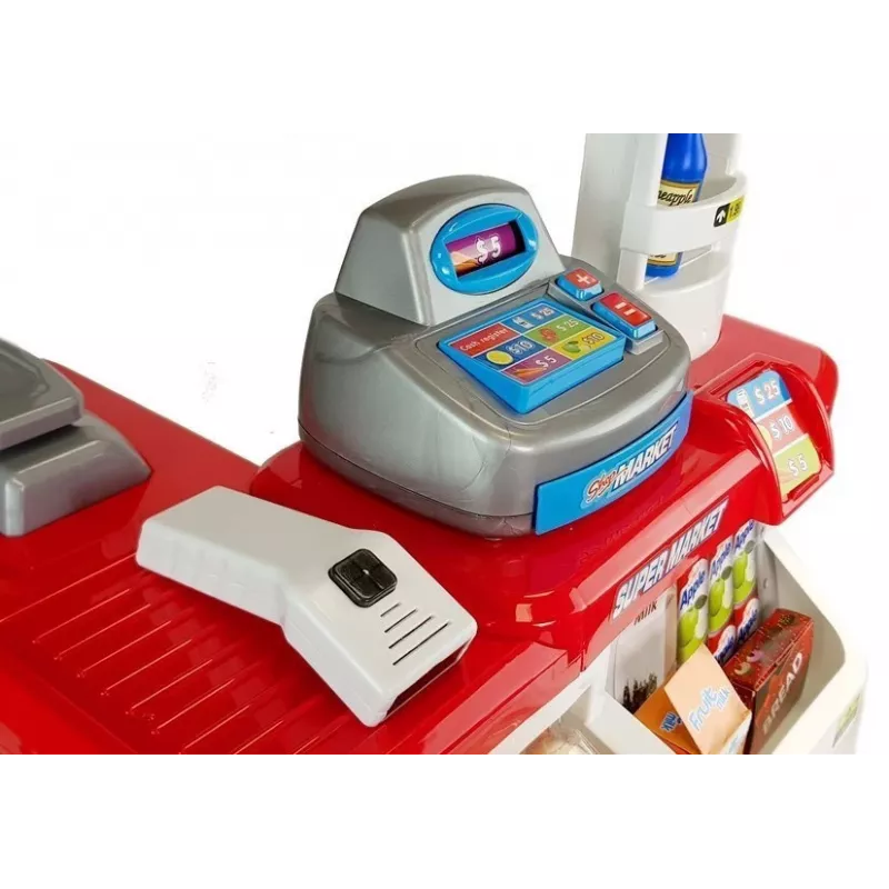 LEAN TOYS Mercado de juguete con carrito de compra, caja, escáner y alimentos