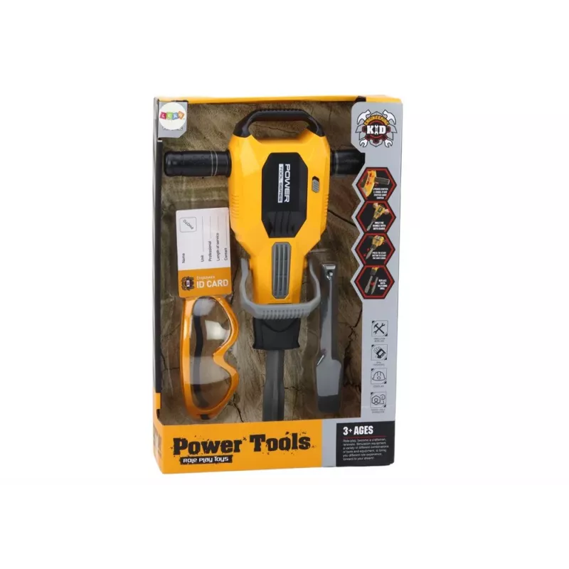 LEAN TOYS Martillo neumático de juguete con casco y gafas – amarillo, a partir de 3 años, luz y sonido, set de 4 piezas