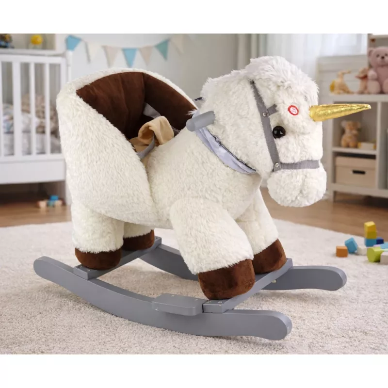 LEAN TOYS Caballo balancín unicornio para niños pequeños blanco beige