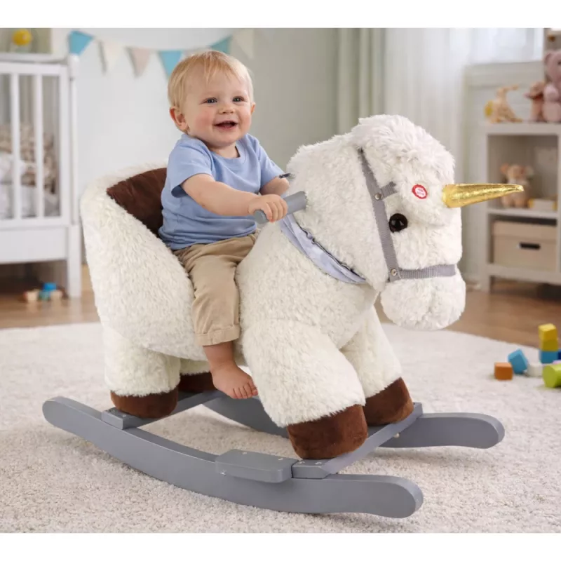 LEAN TOYS Caballo balancín unicornio para niños pequeños blanco beige