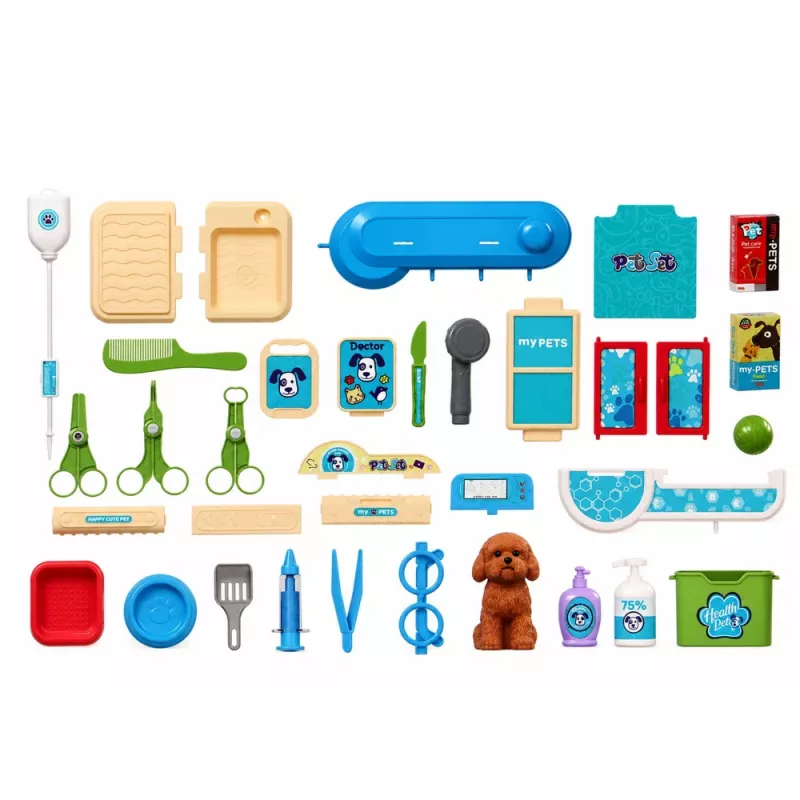 LEAN TOYS Maletín de veterinario set de cuidado canino marrón set de juego de rol con 12 accesorios