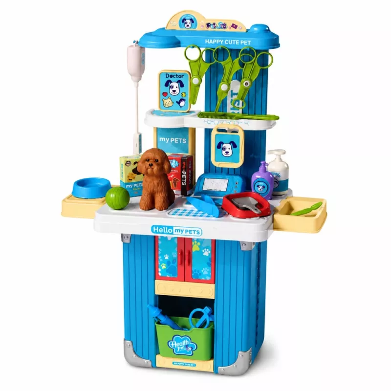 LEAN TOYS Maletín de veterinario set de cuidado canino marrón set de juego de rol con 12 accesorios