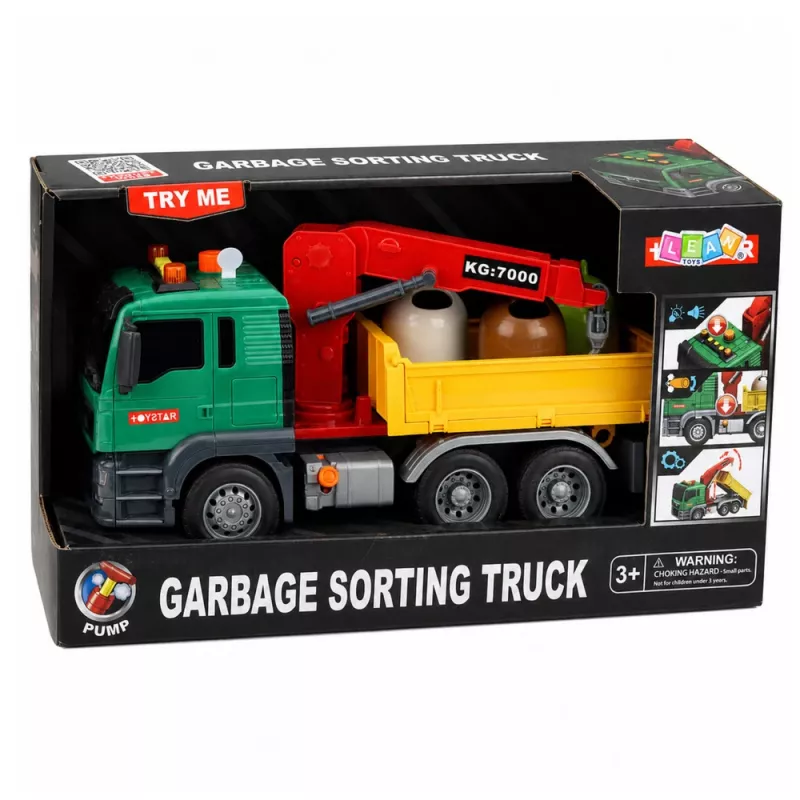 LEAN TOYS Camión de recogida de basura con grúa, contenedores, fricción, luz y sonido