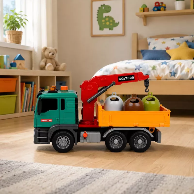 LEAN TOYS Camión de recogida de basura con grúa, contenedores, fricción, luz y sonido