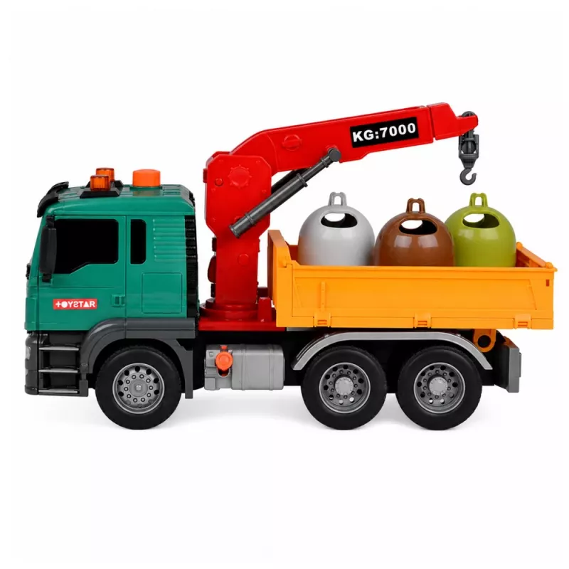 LEAN TOYS Camión de recogida de basura con grúa, contenedores, fricción, luz y sonido