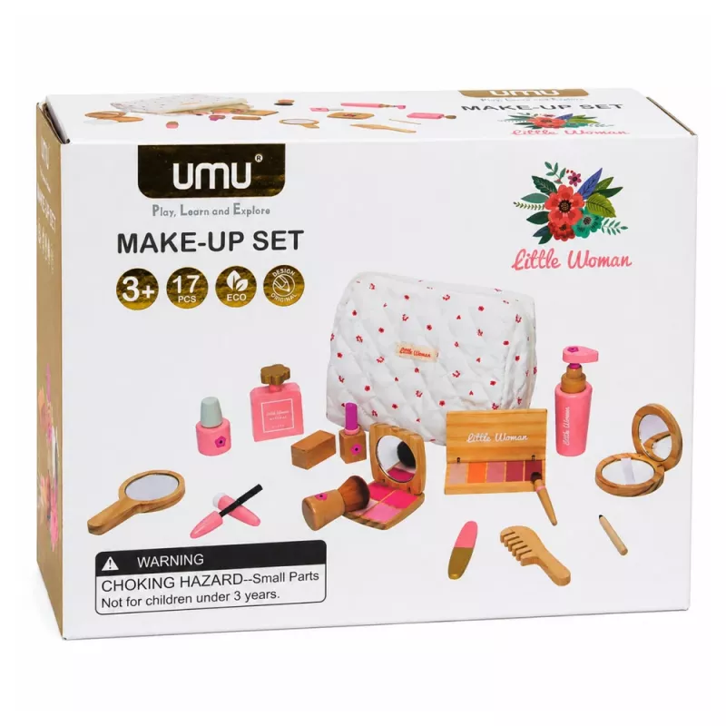 LEAN TOYS Set de belleza de madera para niñas con bolsa de cosmética blanca, 17 piezas