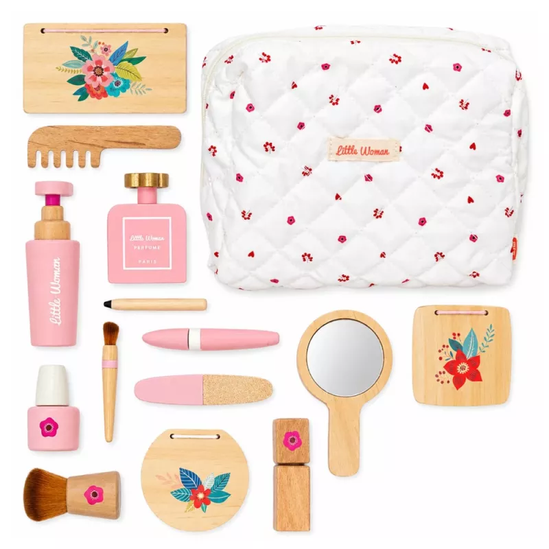 LEAN TOYS Set de belleza de madera para niñas con bolsa de cosmética blanca, 17 piezas