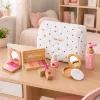 LEAN TOYS Set de belleza de madera para niñas con bolsa de cosmética blanca, 17 piezas