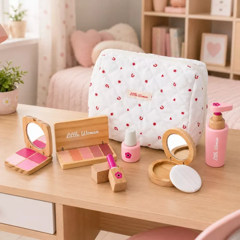 LEAN TOYS Set de belleza de madera para niñas con bolsa de cosmética blanca, 17 piezas