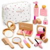 LEAN TOYS Set de belleza de madera para niñas con bolsa de cosmética blanca, 17 piezas