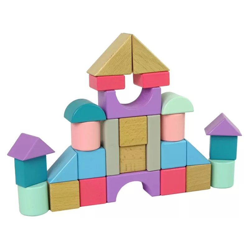 LEAN TOYS Bloques de construcción de madera colores pastel 28 piezas castillo