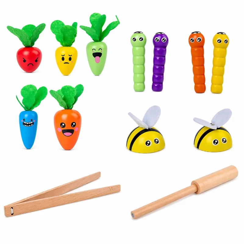 LEAN TOYS Juego magnético de zanahoria y lombriz de madera con palo