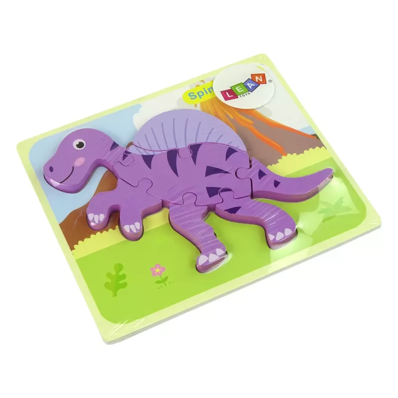 LEAN TOYS Puzzle de madera dinosaurio coritosaurio rosa espinosaurio morado