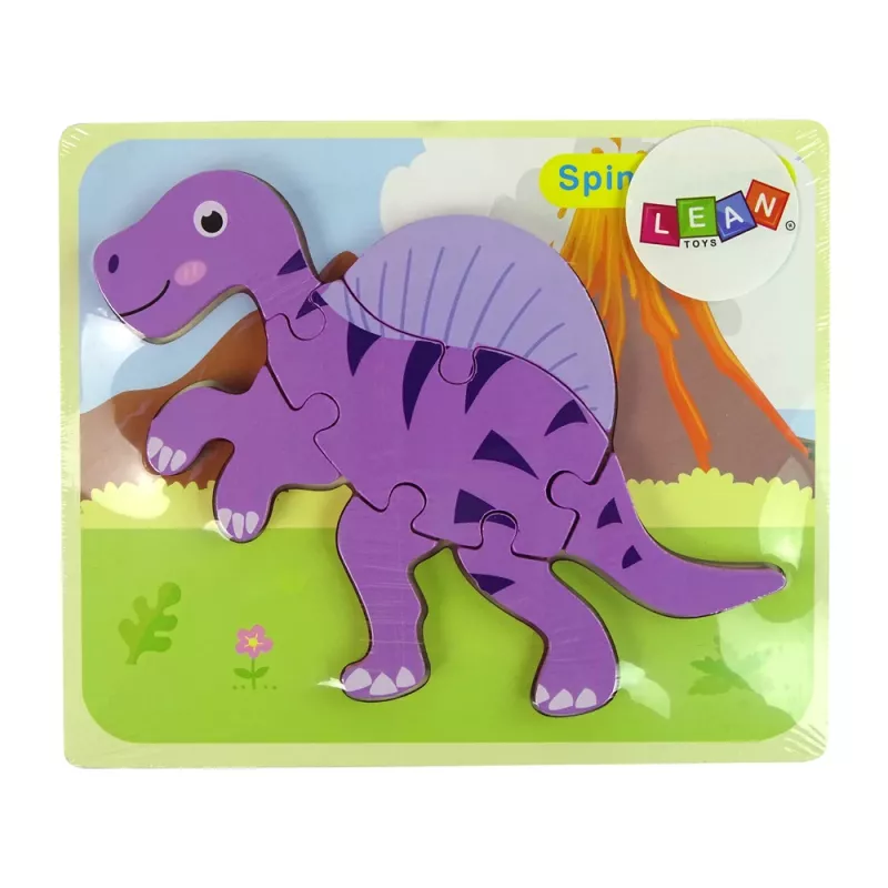 LEAN TOYS Puzzle de madera dinosaurio coritosaurio rosa espinosaurio morado