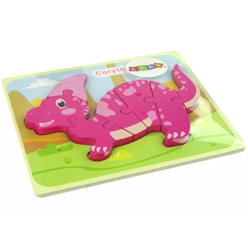 LEAN TOYS Puzzle de madera dinosaurio coritosaurio rosa espinosaurio morado