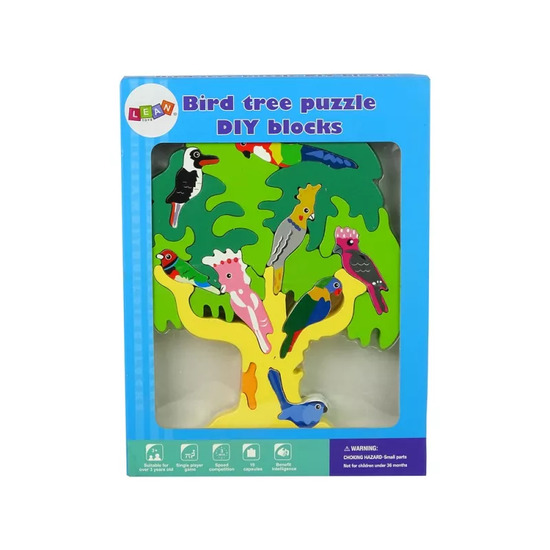 LEAN TOYS Puzzle de bloques de madera DIY árbol con pájaros y loros