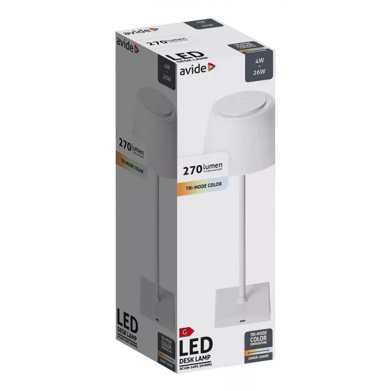 Lámpara de mesa LED Avide, USB, 4 W, color de luz en 3 niveles, blanco