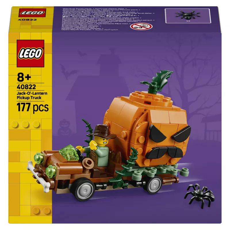 LEGO 40822 Jack-O'-Lantern Pickup Truck set de construcción – 200 piezas, minifigura de espantapájaros, modelo decorativo de Halloween