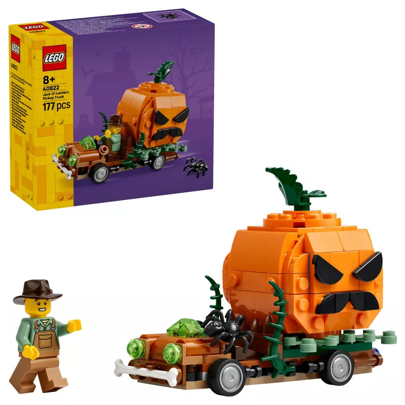 LEGO 40822 Jack-O'-Lantern Pickup Truck set de construcción – 200 piezas, minifigura de espantapájaros, modelo decorativo de Halloween