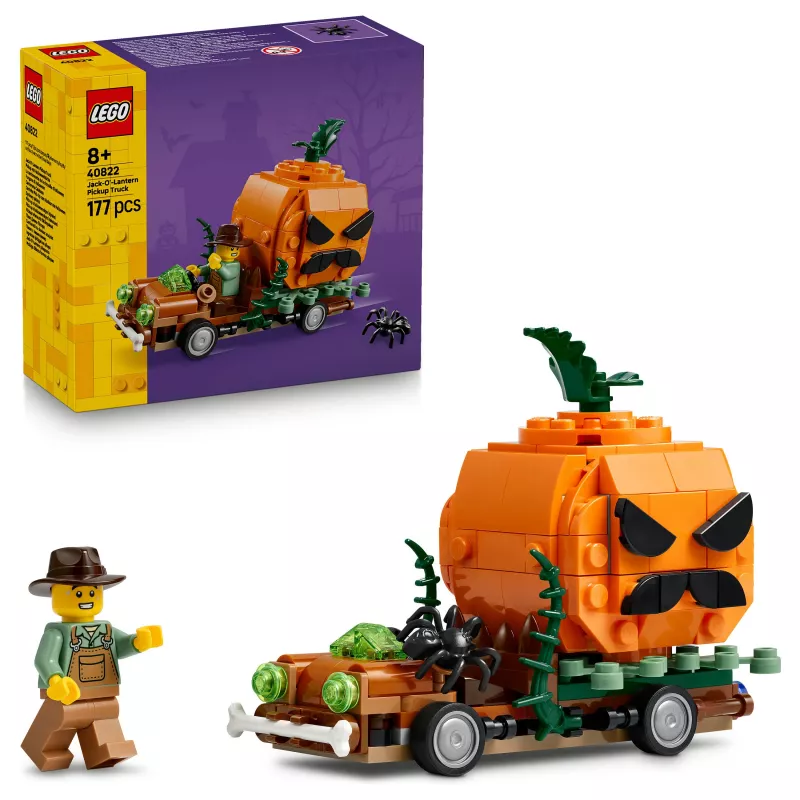 LEGO 40822 Jack-O'-Lantern Pickup Truck set de construcción – 200 piezas, minifigura de espantapájaros, modelo decorativo de Halloween