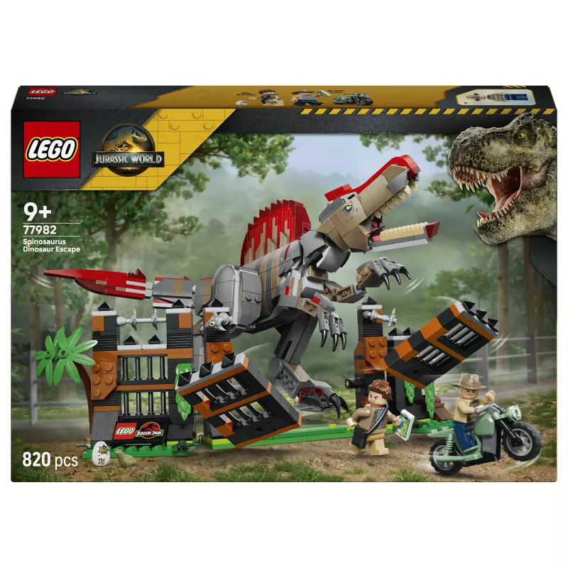LEGO Jurassic World 77982 Huida del Spinosaurus, set de construcción de dinosaurio con moto y 2 minifiguras (820 piezas, 9+ años)