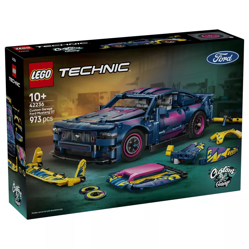 LEGO Technic 42236 Ford Mustang GT taller de tuning, set de construcción de coche, 973 piezas, motor de pistones V8, 10+ años