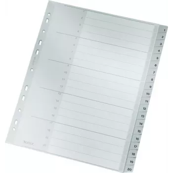 LEITZ 1284 Separadores A4 extranchos numerados 1-20, gris, 20 piezas, polipropileno, 0,12 mm, con portada etiquetable 1284-00