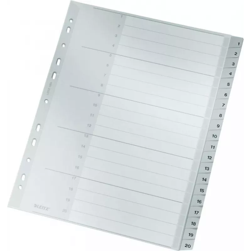 LEITZ 1284 Separadores A4 extranchos numerados 1-20, gris, 20 piezas, polipropileno, 0,12 mm, con portada etiquetable 1284-00