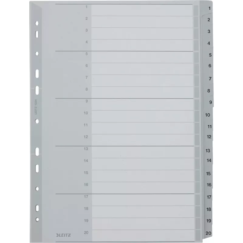 LEITZ 1284 Separadores A4 extranchos numerados 1-20, gris, 20 piezas, polipropileno, 0,12 mm, con portada etiquetable 1284-00