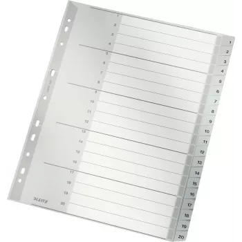 LEITZ 1284 Separadores A4 extranchos numerados 1-20, gris, 20 piezas, polipropileno, 0,12 mm, con portada etiquetable 1284-00