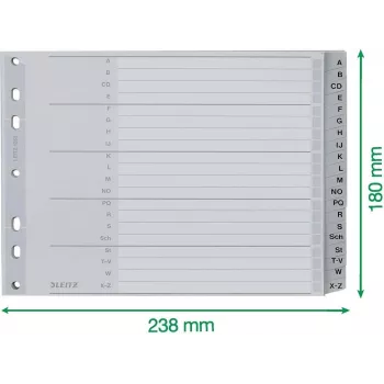 Leitz Índice alfabético A-Z, A4, pestañas de plástico gris sobre cartón de 250 g/m², 20 partes, perforación universal de 11 agujeros 1262-01-00