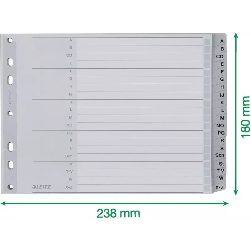 Leitz Índice alfabético A-Z, A4, pestañas de plástico gris sobre cartón de 250 g/m², 20 partes, perforación universal de 11 agujeros 1262-01-00