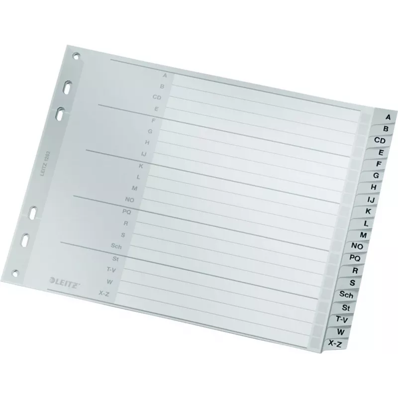 Leitz Índice alfabético A-Z, A4, pestañas de plástico gris sobre cartón de 250 g/m², 20 partes, perforación universal de 11 agujeros 1262-01-00
