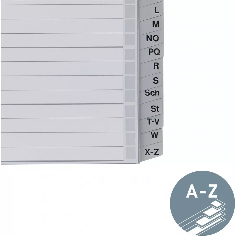 Leitz Índice alfabético A-Z, A4, pestañas de plástico gris sobre cartón de 250 g/m², 20 partes, perforación universal de 11 agujeros 1262-01-00