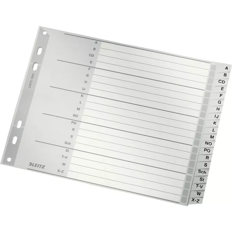 Leitz Índice alfabético A-Z, A4, pestañas de plástico gris sobre cartón de 250 g/m², 20 partes, perforación universal de 11 agujeros 1262-01-00