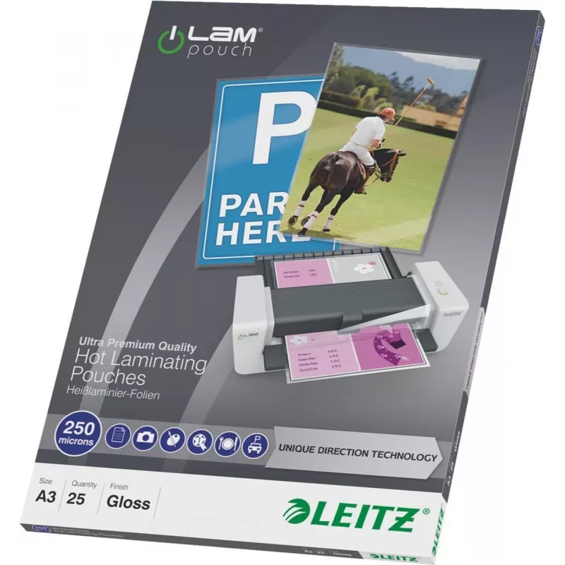 LEITZ Fundas de laminar A3 brillantes 250 micras Cristal transparente, pack de 25 (7491-00-00)
